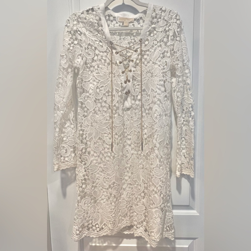 Michael Kohr’s Long Sleeve Dress - white lace / cream slip, small, mid thigh